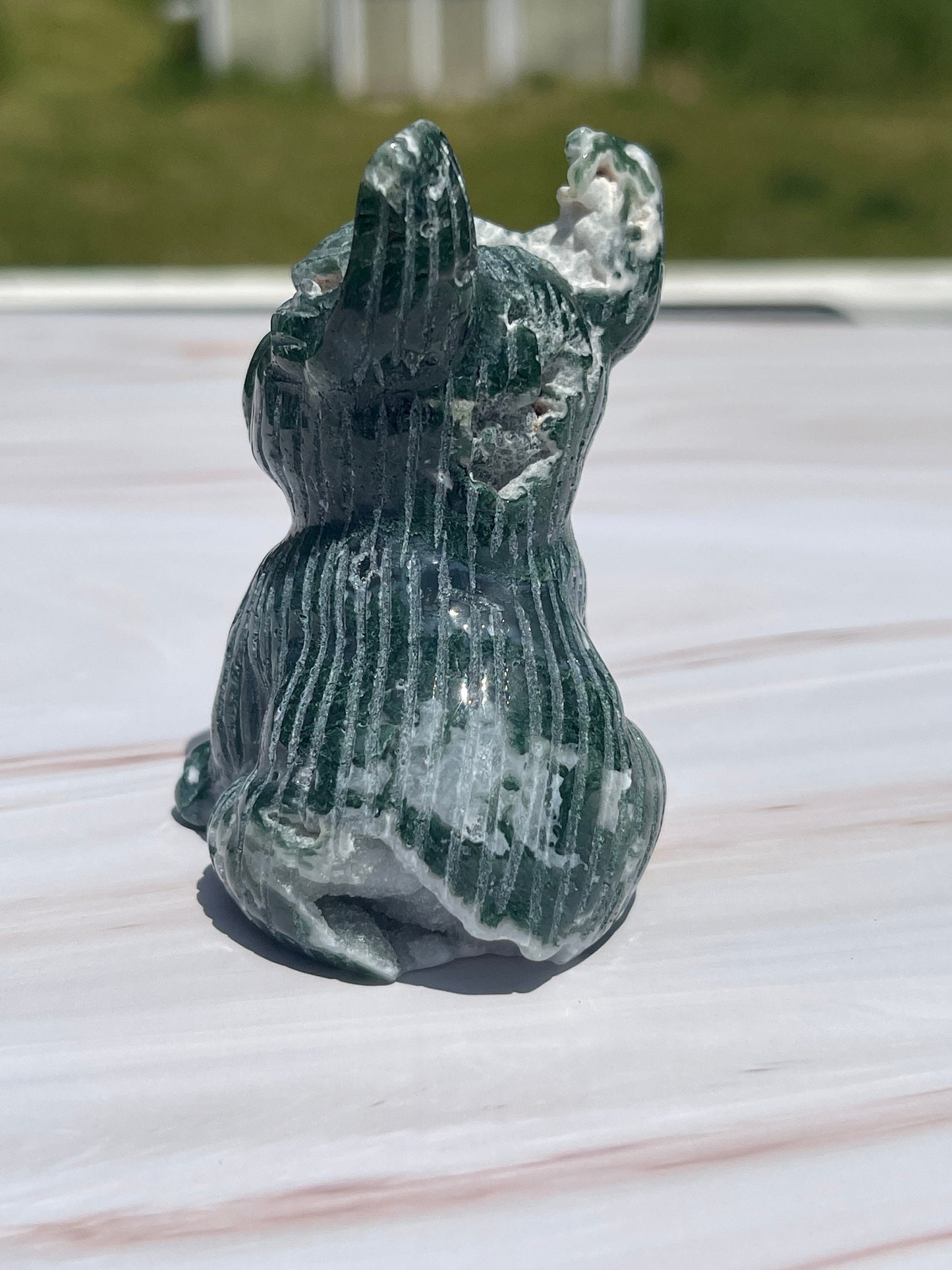 Moss Agate Bulldog Carving
