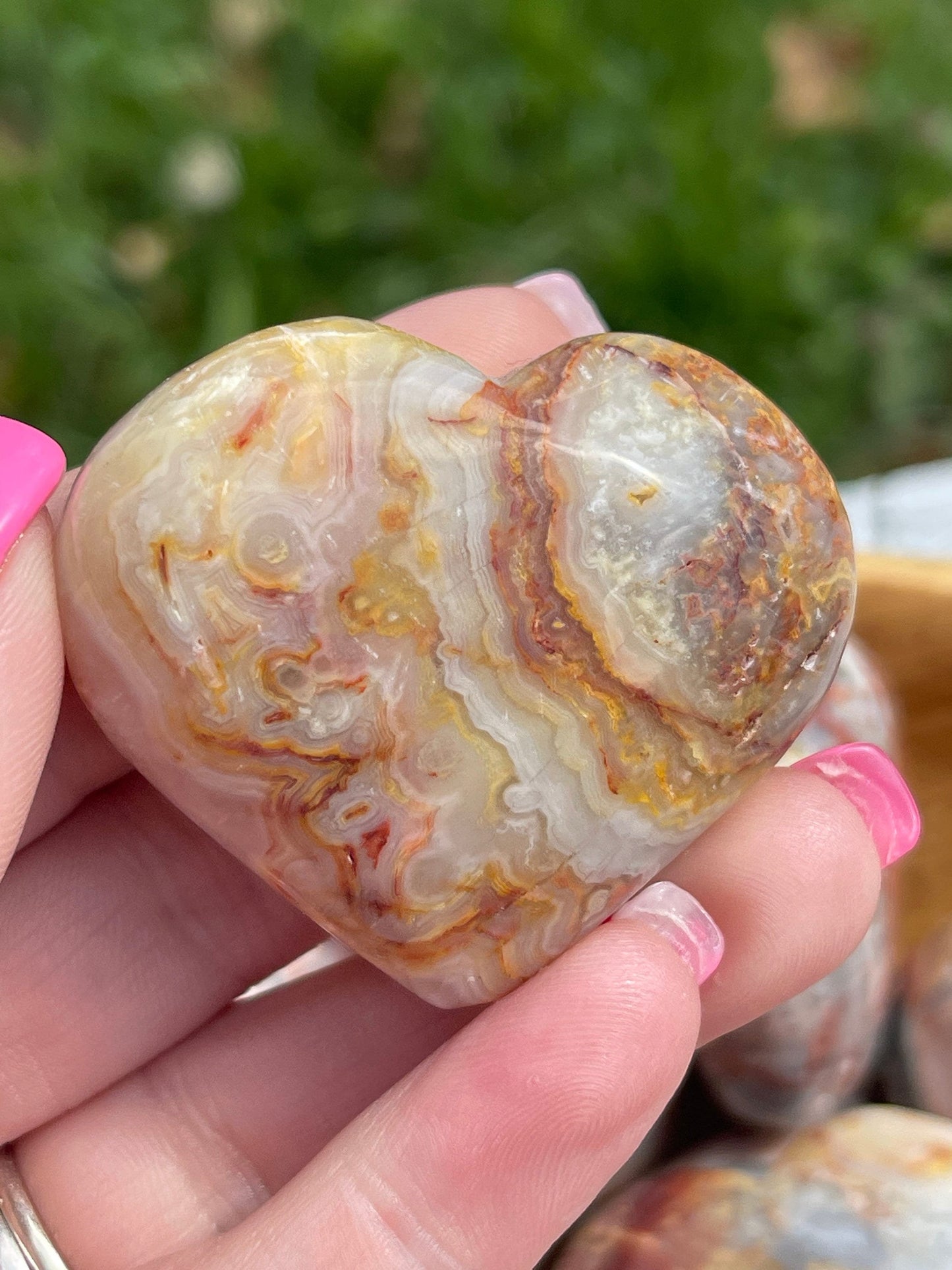 Crazy Lace Agate Heart Palm Stone: Chakra Cleansing Crystal Carving