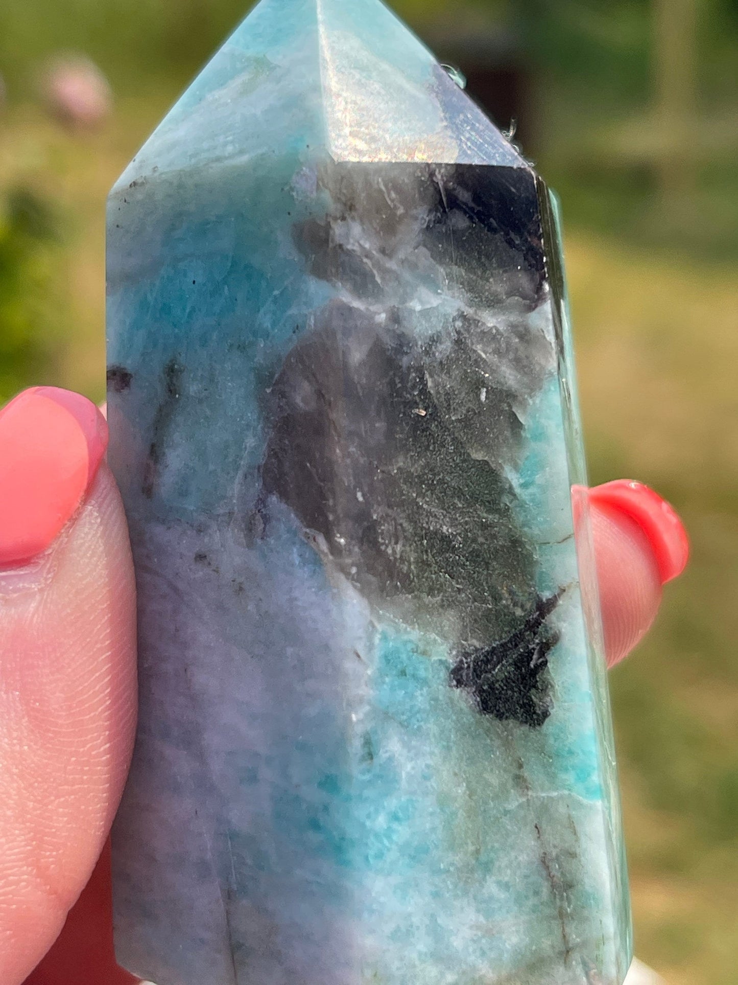 Amazonite Tower with Smoky Quartz and Purple Mica: Madagascar Crystal Carving