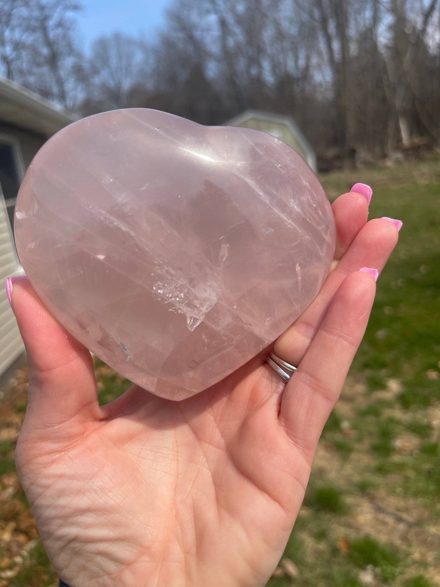 Rose Quartz Crystal Heart Carving with Rainbow Flash
