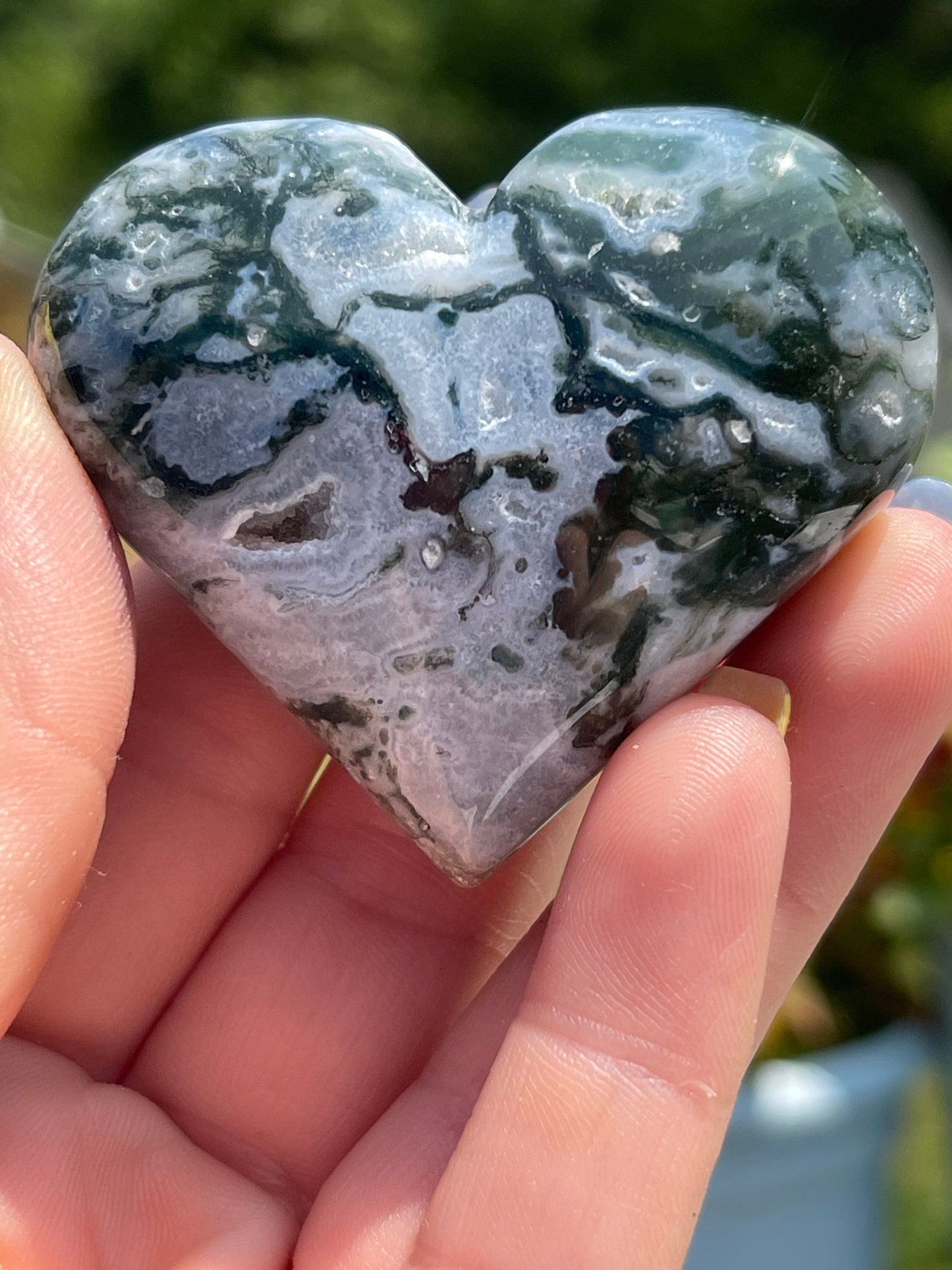 Moss Agate Heart Palm Stone: Crystal Carving, Meditation Gift
