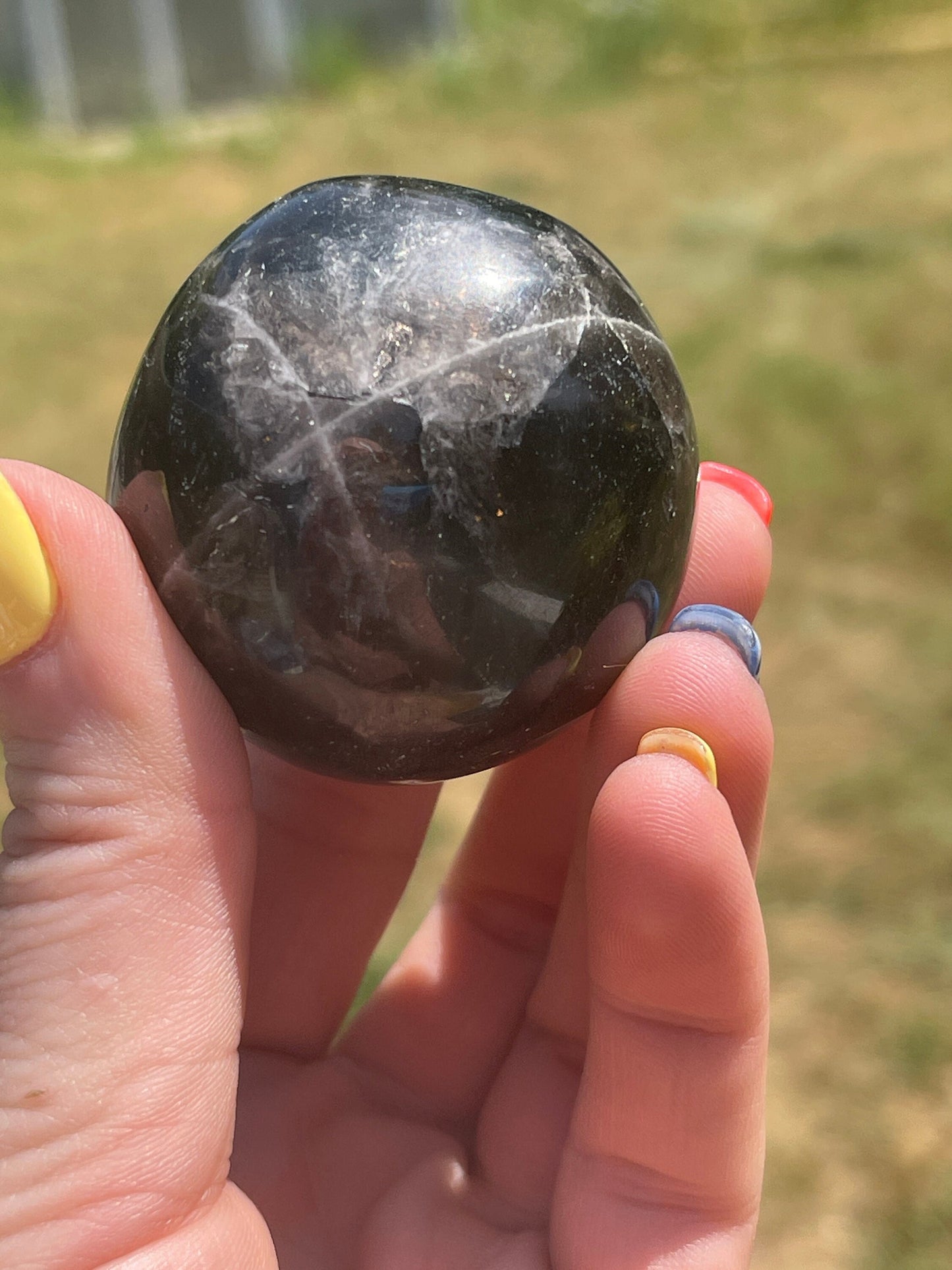 Black Rose Quartz Palm Stone with Flash