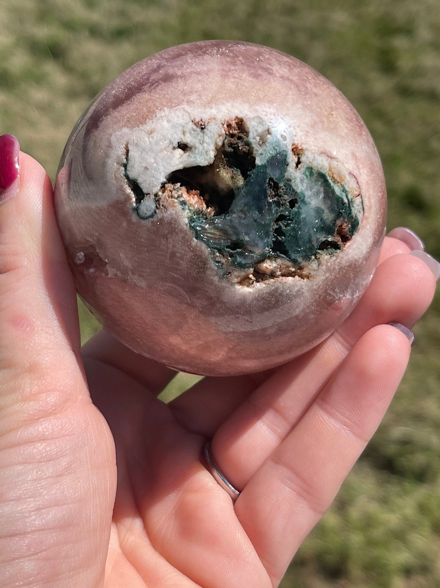 pink amethyst sphere with druzy and moss agate