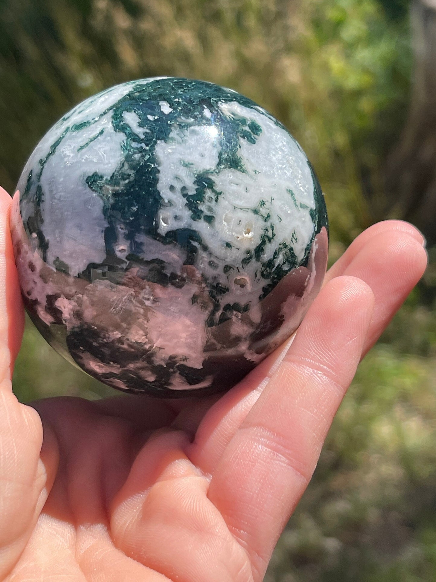 Moss agate sphere with druzy