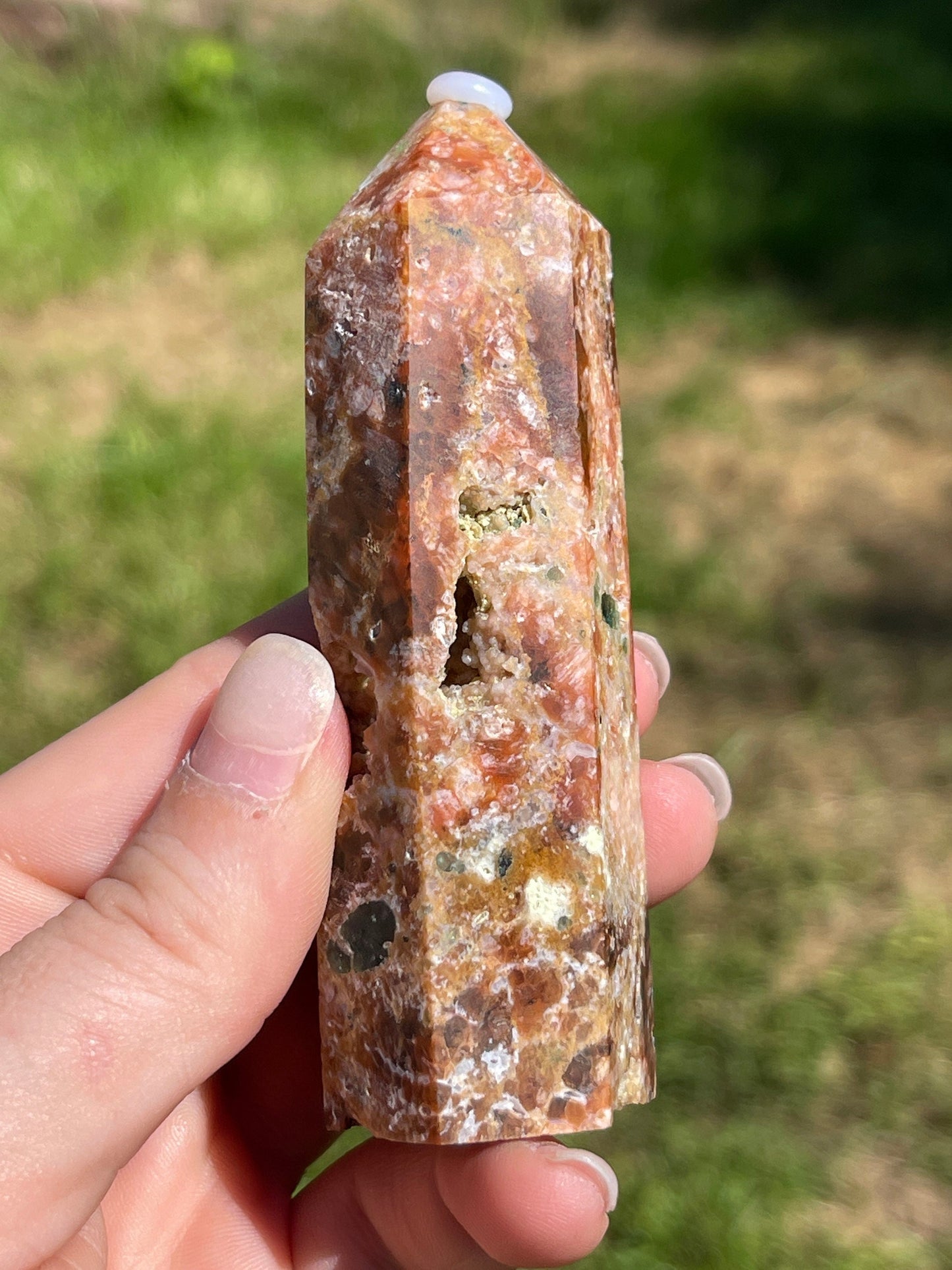 Calcite with Blue Apatite Crystal Point Tower