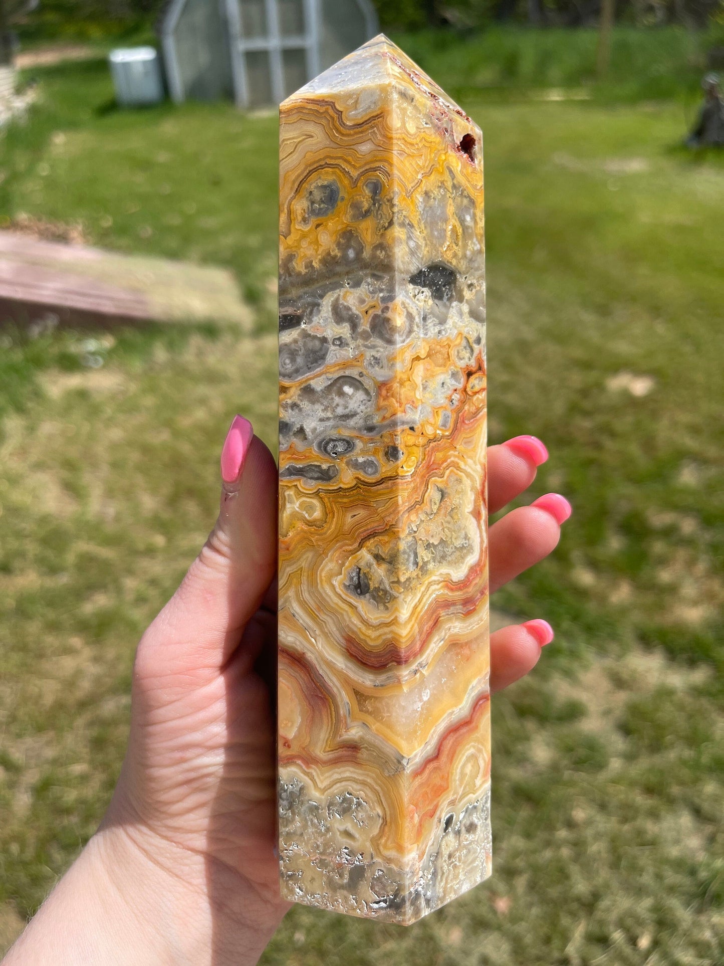 Crazy Lace Agate Crystal Tower: Mexican Carved Stone