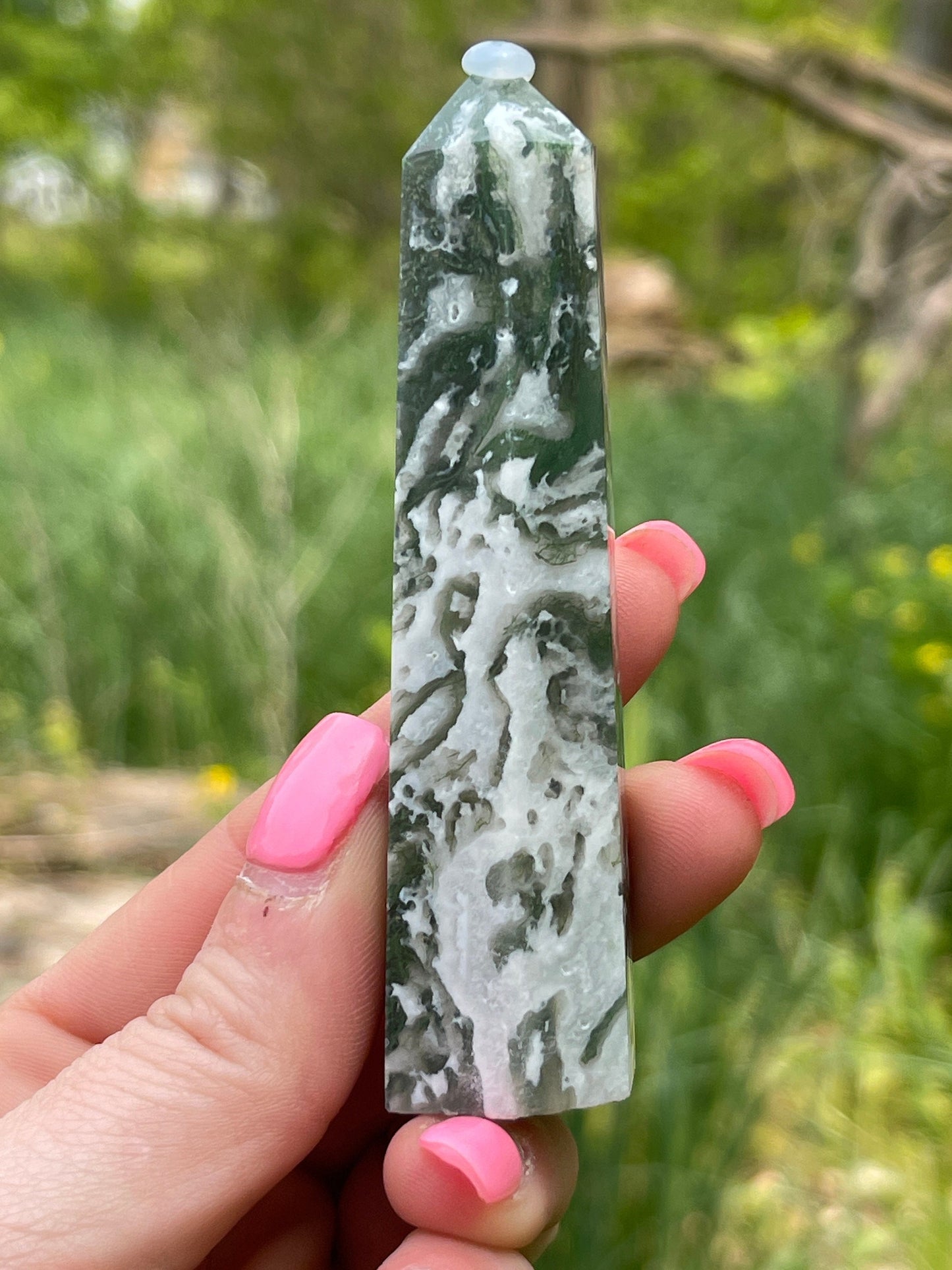 Moss Agate Crystal Tower: New Beginnings, Grounding Stone