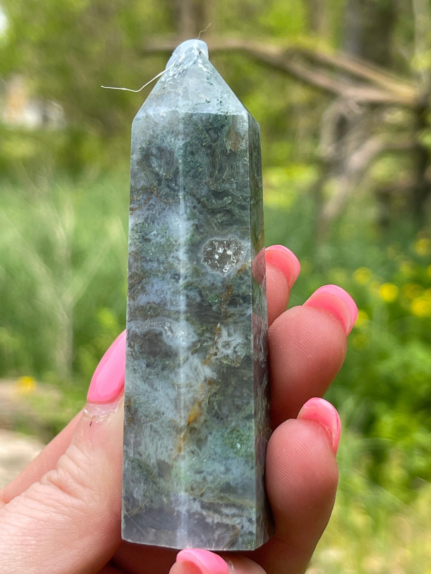 Moss Agate Tower: Crystal Point Gift (3.4in)