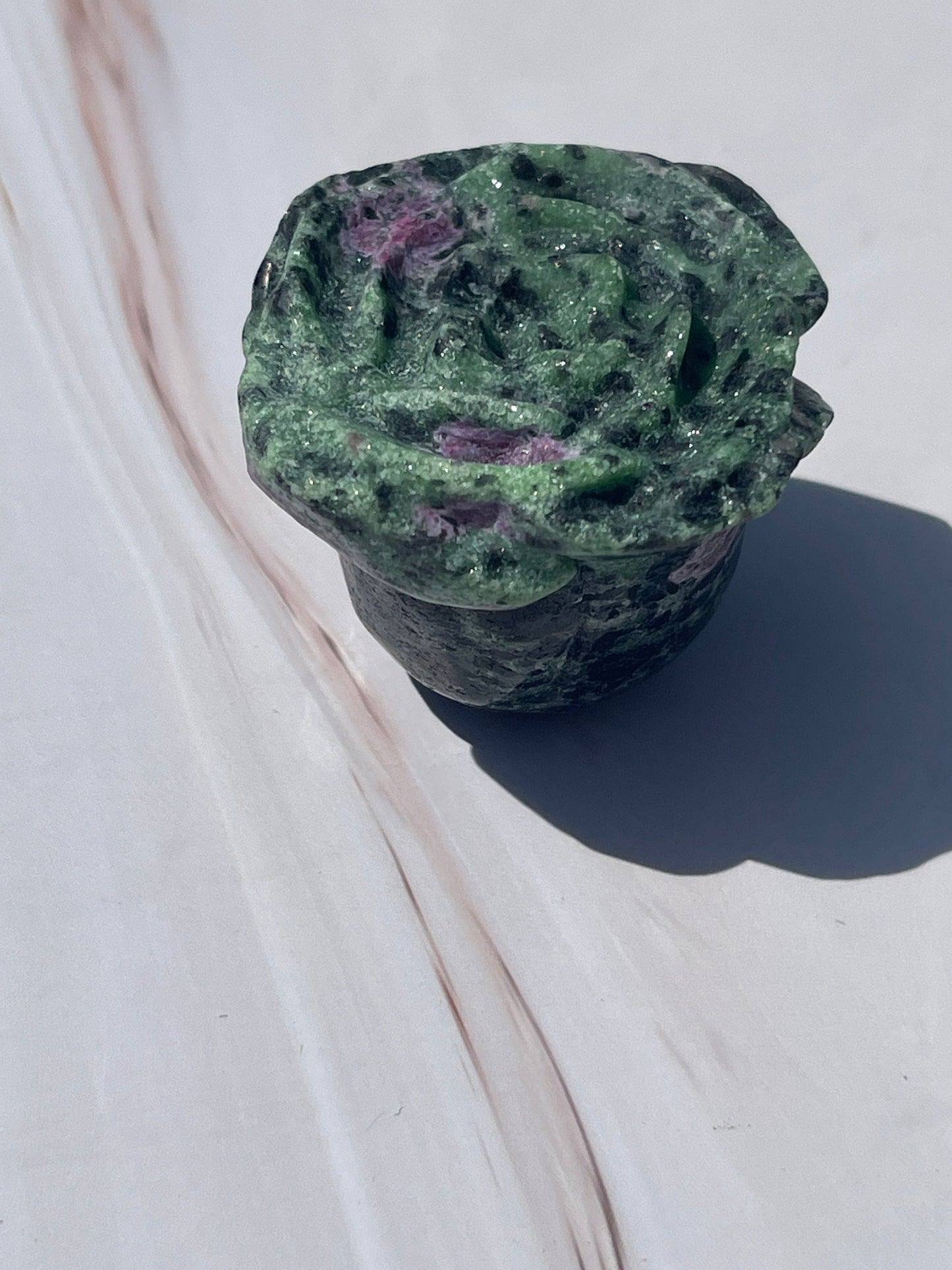 Ruby Zoisite Crystal Rose Carving: UV Reactive Flower