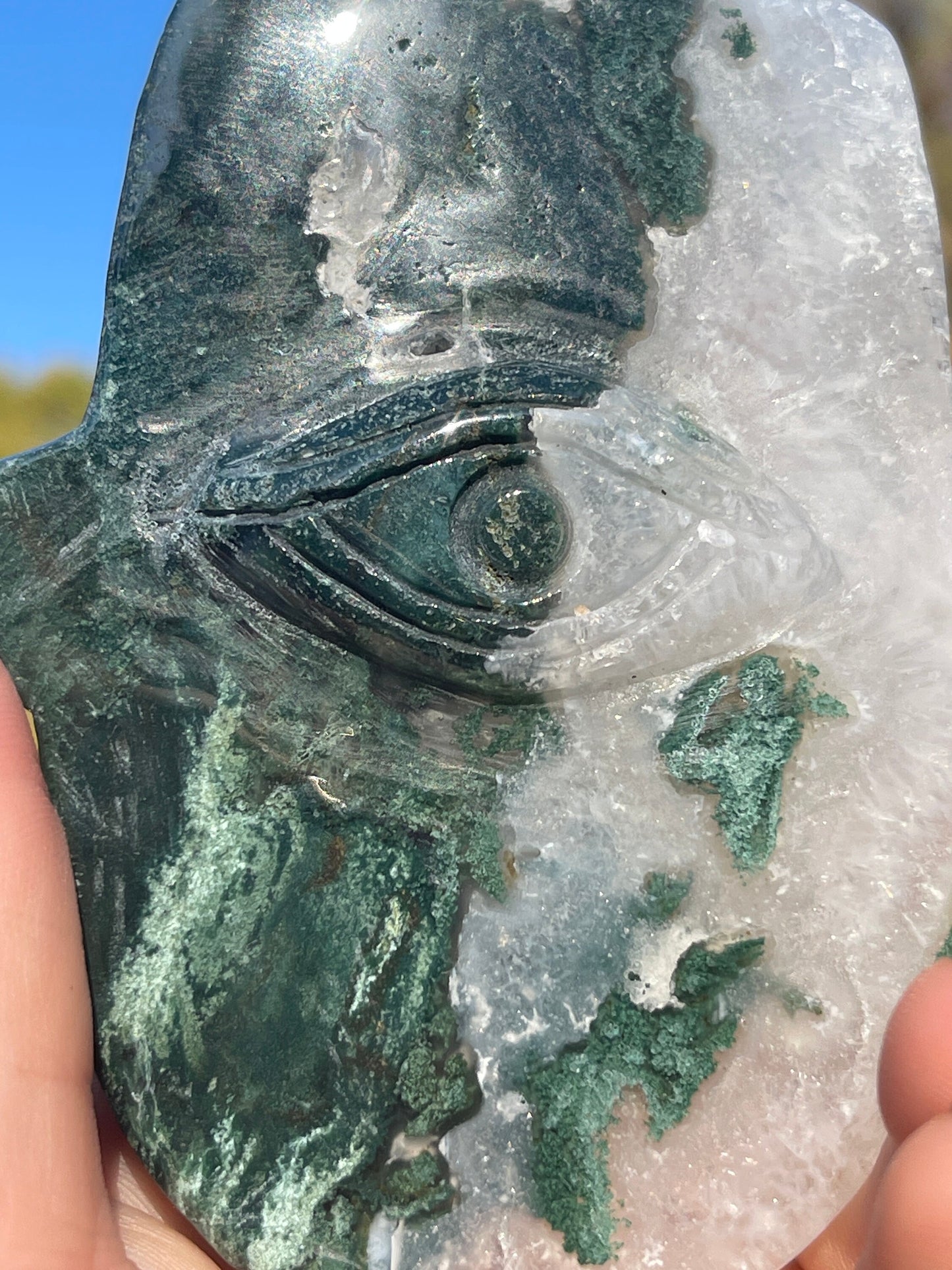 Moss Agate Hamsa Hand Carving
