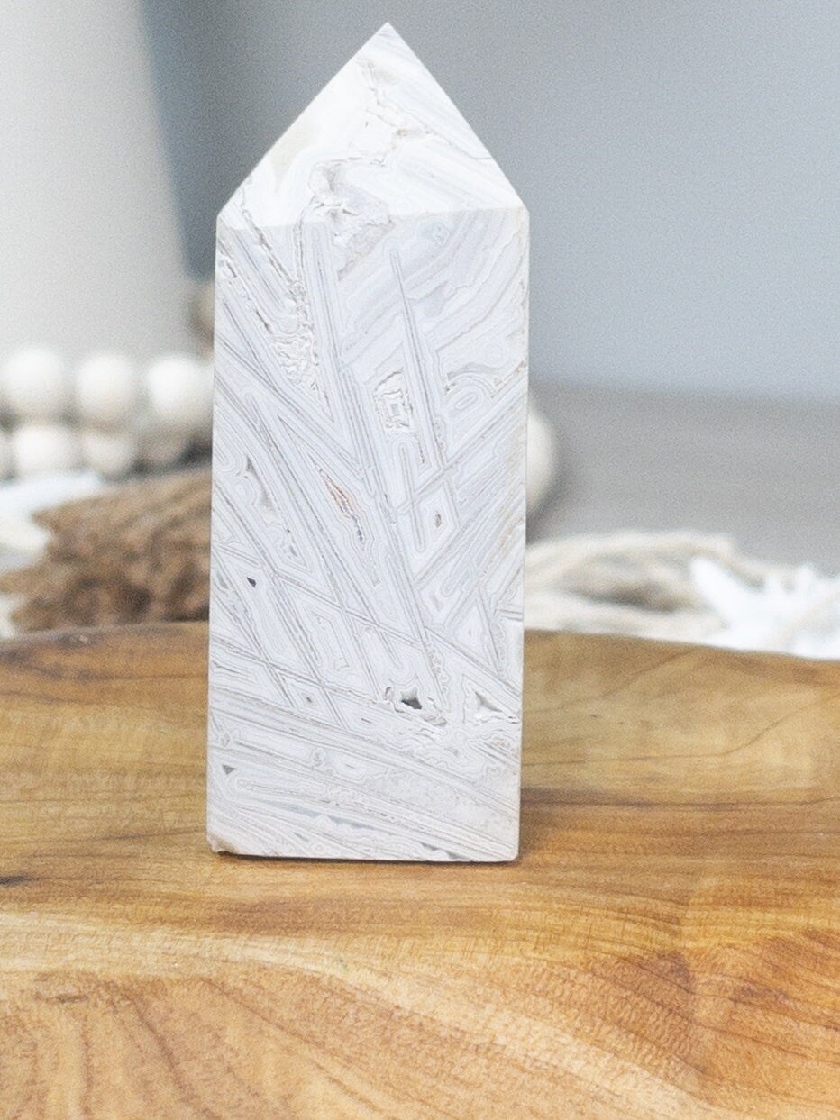 White Mexican Crazy Lace Agate Tower: Crystal Carving, Meditation Stone