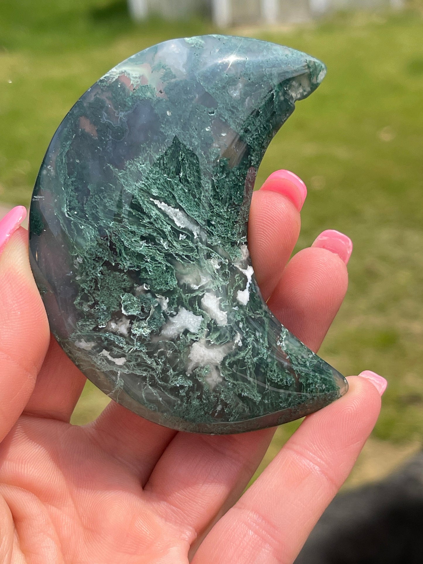 Moss Agate Moon Carving: Crystal Meditation Stone