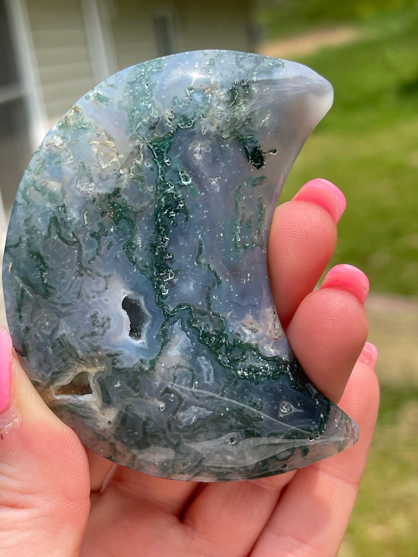 Moss Agate Moon Crystal Carving: Meditation Stone Gift