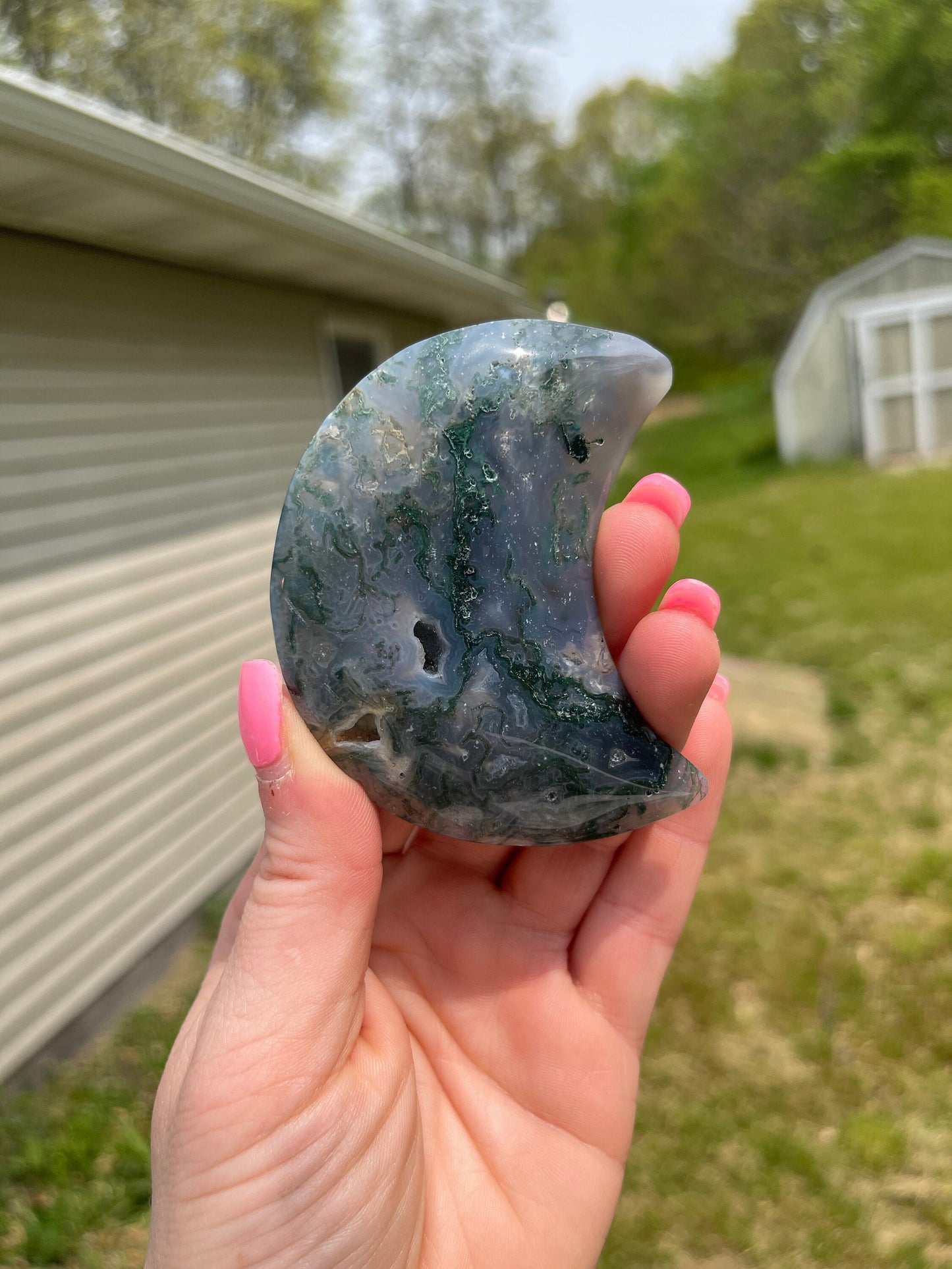 Moss Agate Moon Crystal Carving: Meditation Stone Gift