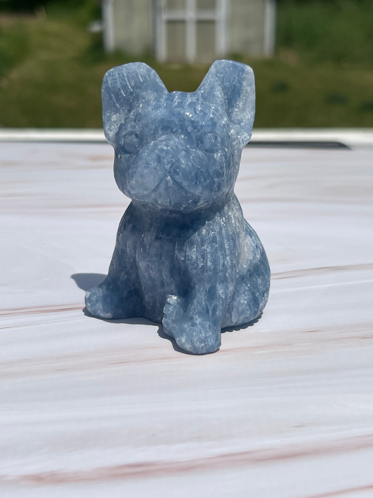 Blue Calcite French Bulldog Carving: Meditation Stone