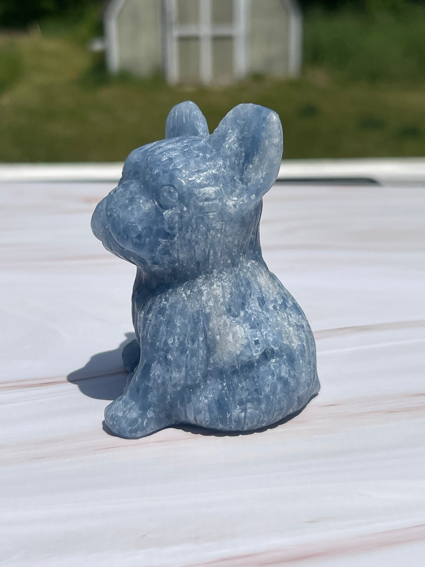 Blue Calcite French Bulldog Carving: Meditation Stone
