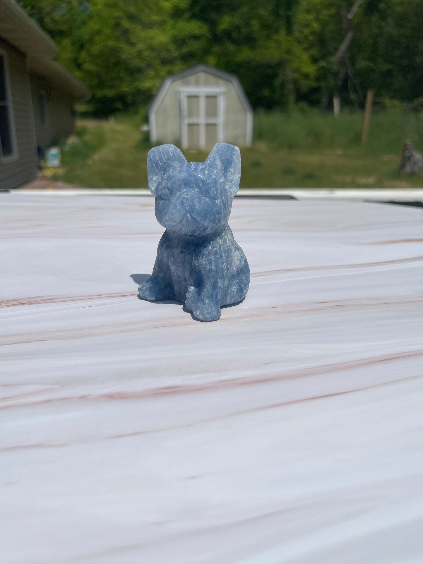 Blue Calcite French Bulldog Carving: Meditation Stone