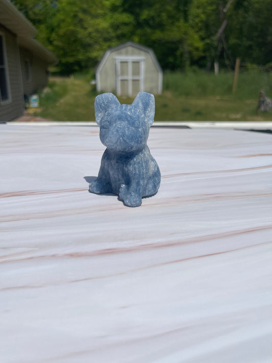 Blue Calcite French Bulldog Carving: Meditation Stone