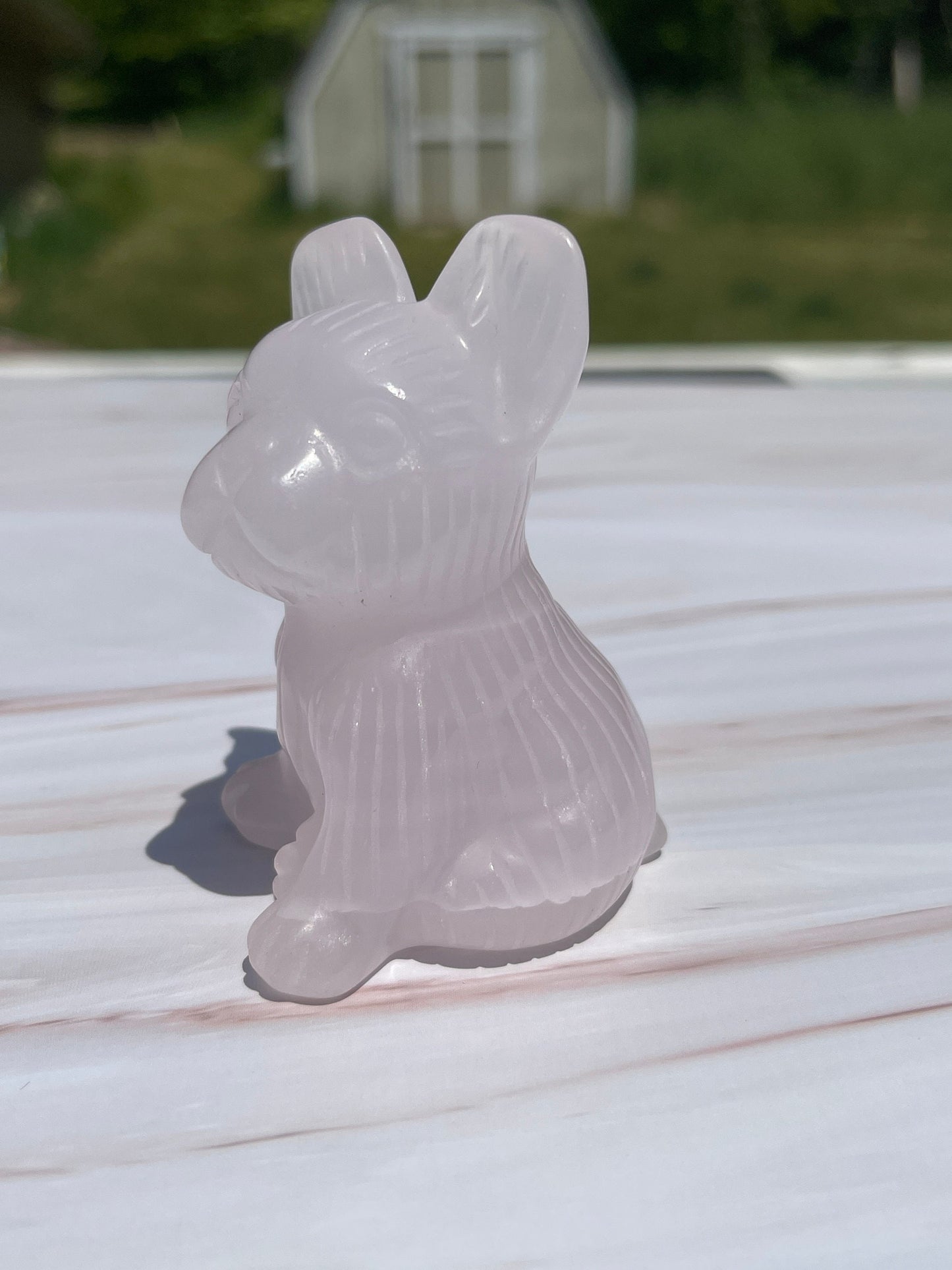 Pink Calcite French Bulldog Carving: UV Reactive Palm Stone