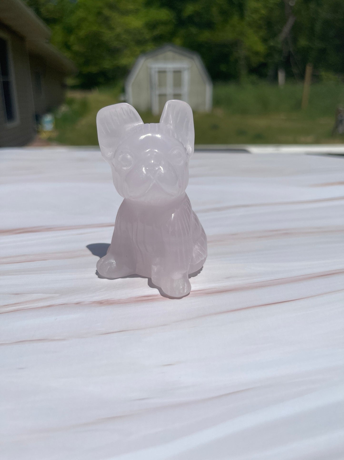 Pink Calcite French Bulldog Carving: UV Reactive Palm Stone