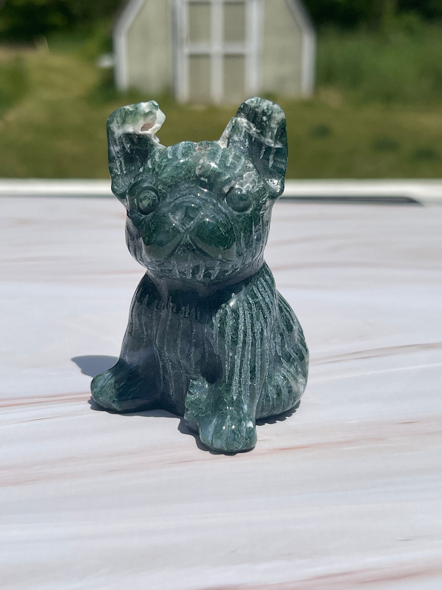 Moss Agate Bulldog Carving