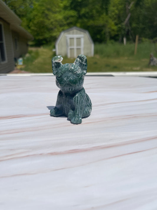 Moss Agate Bulldog Carving
