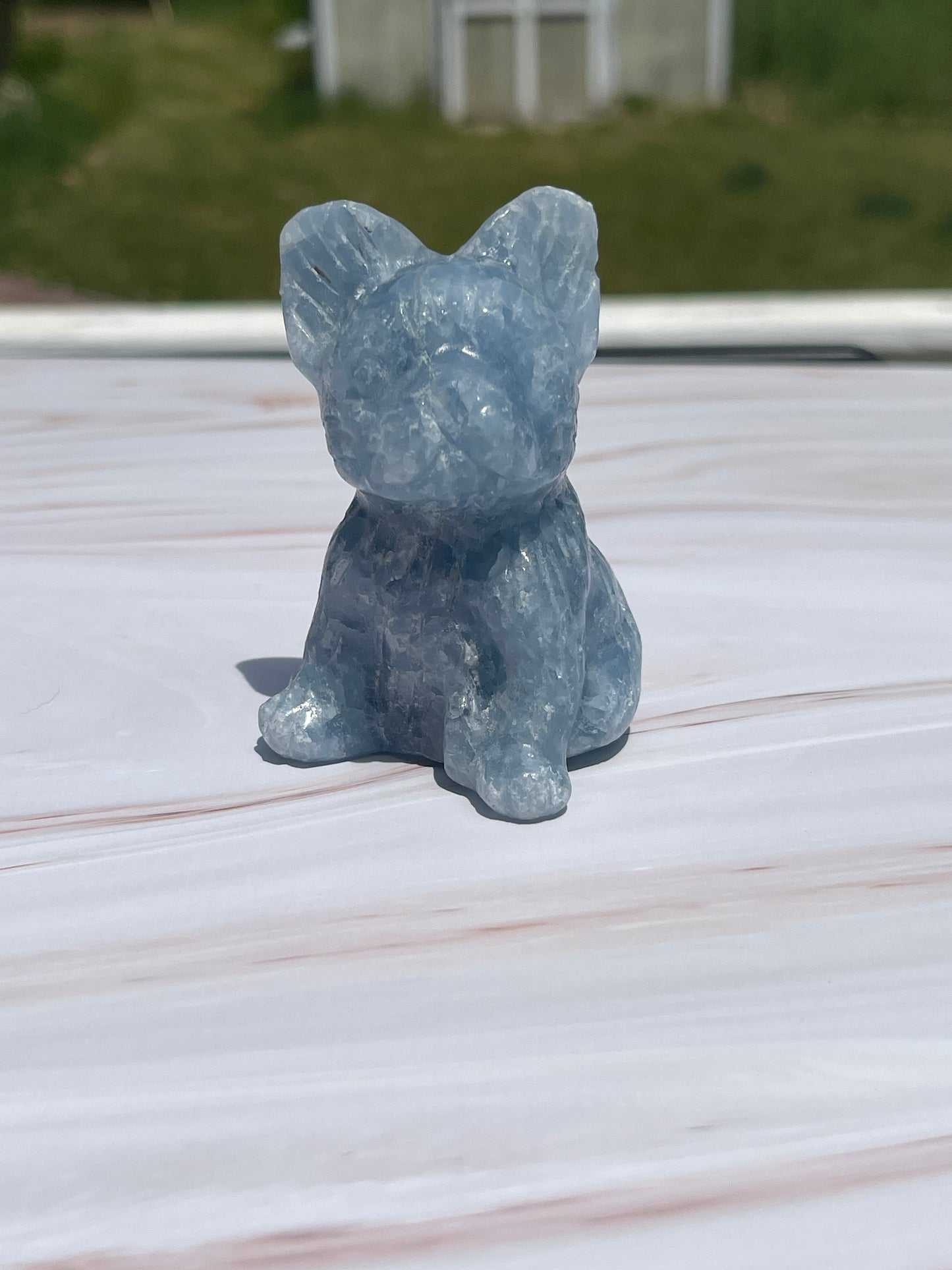 Blue Calcite French Bulldog Carving: Crystal Animal Figurine