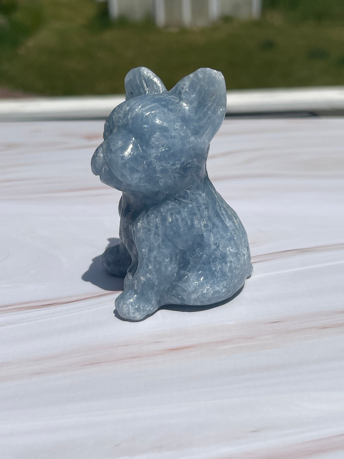 Blue Calcite French Bulldog Carving: Crystal Animal Figurine