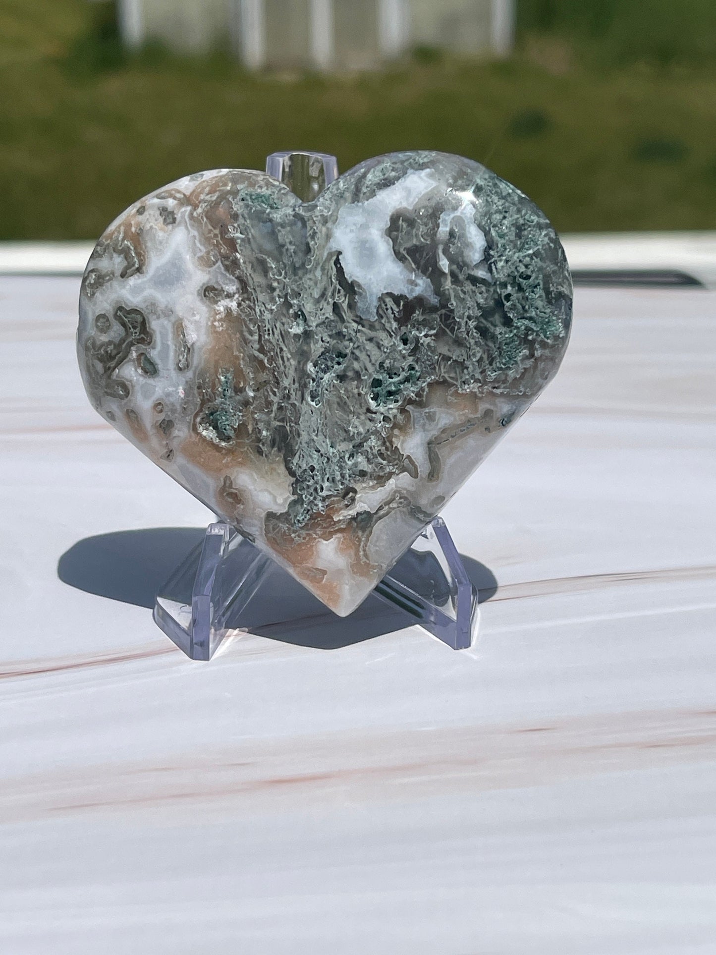 Druzy Moss Agate Crystal Heart Carving