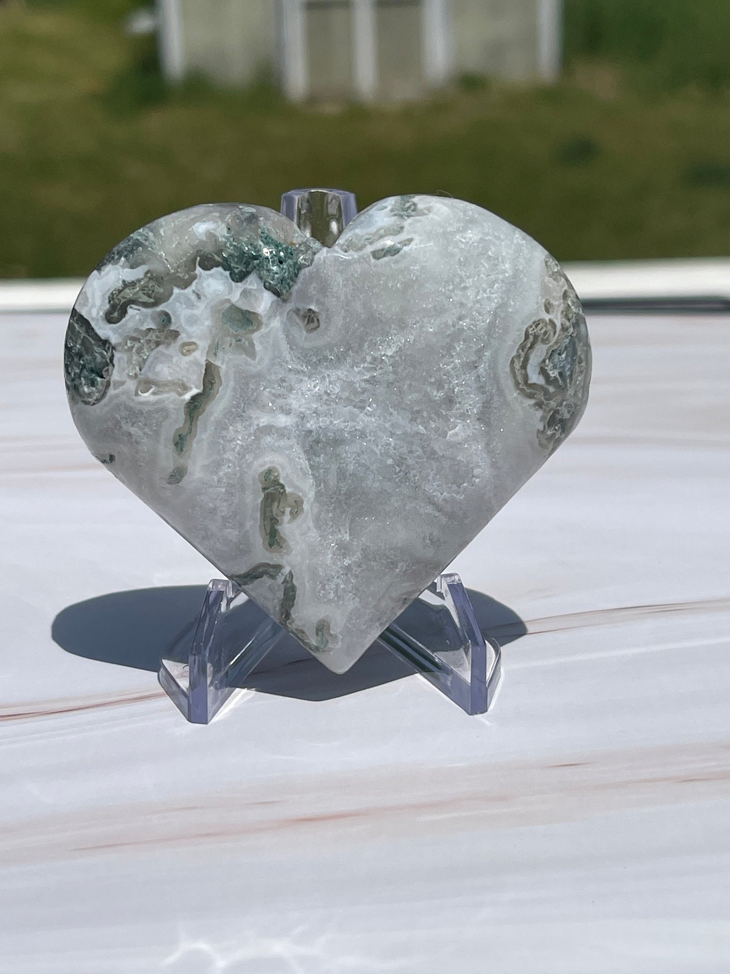Druzy Moss Agate Crystal Heart Carving