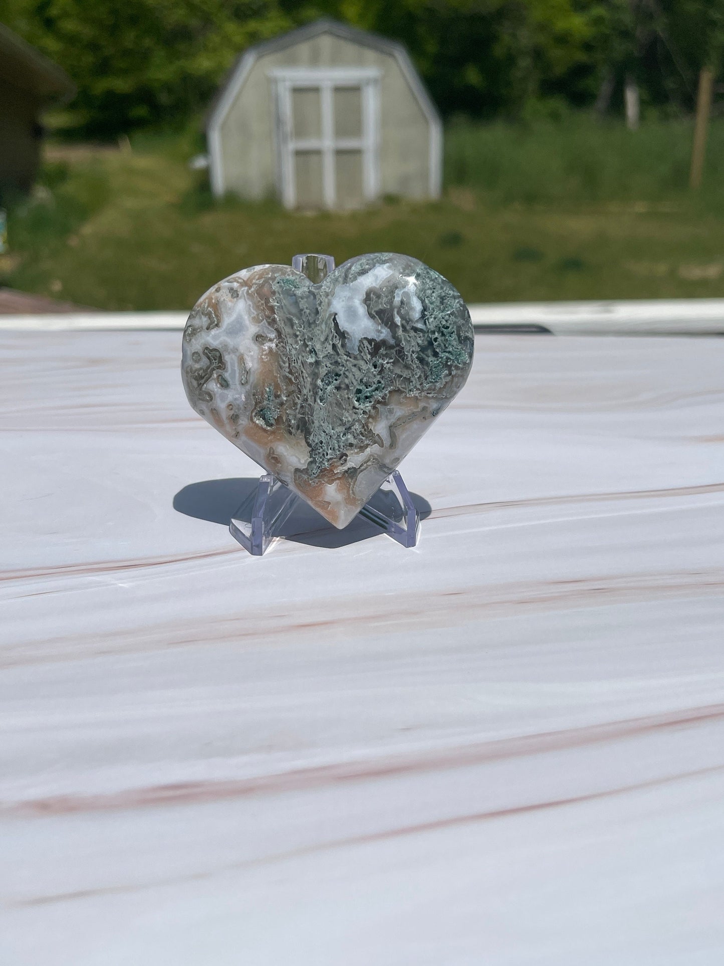 Druzy Moss Agate Crystal Heart Carving