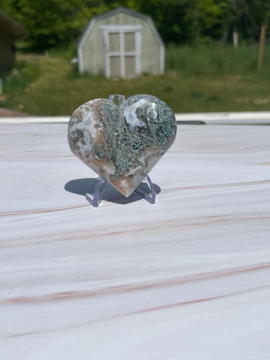 Druzy Moss Agate Crystal Heart Carving