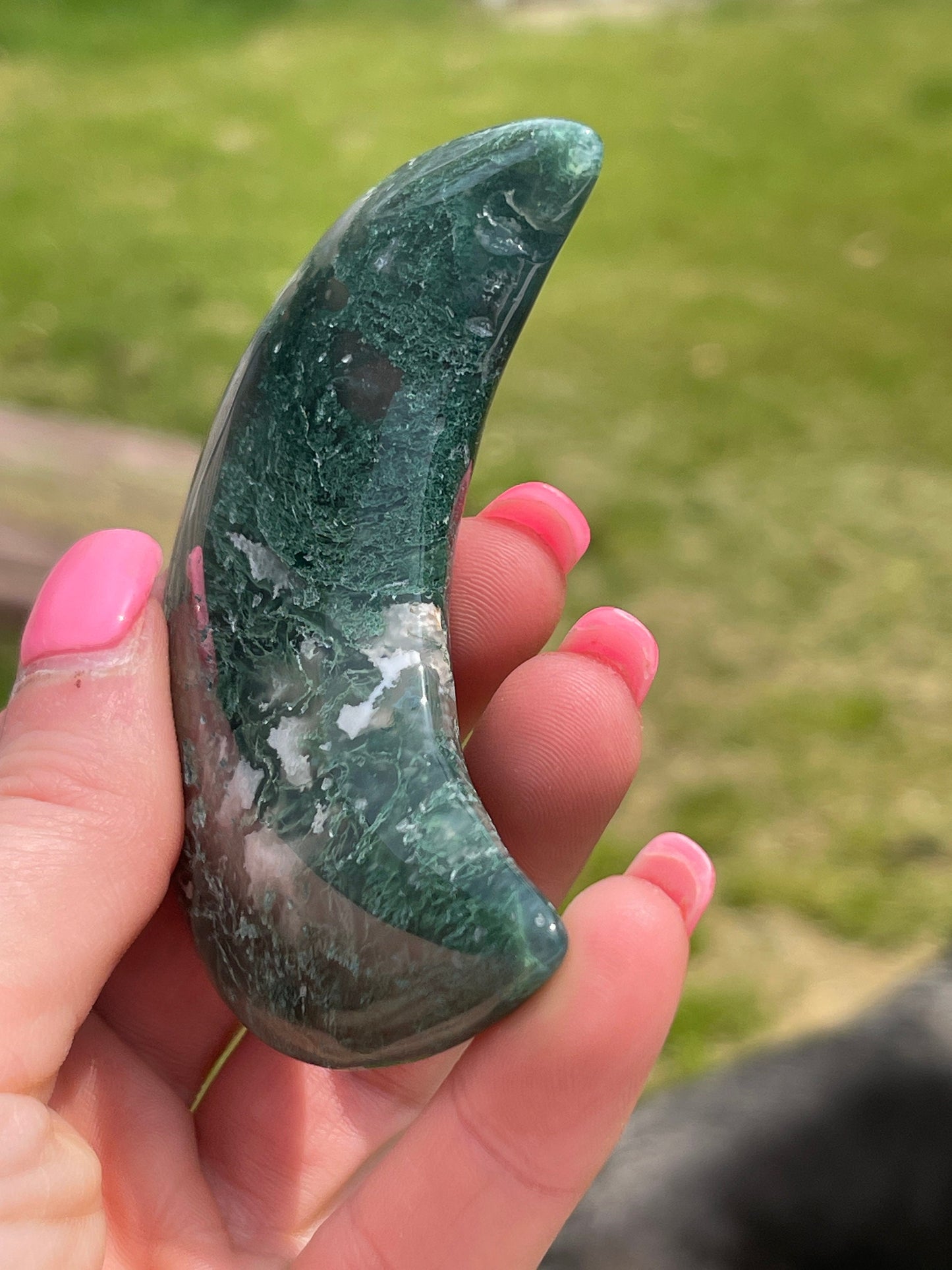 Moss Agate Moon Carving: Crystal Meditation Stone