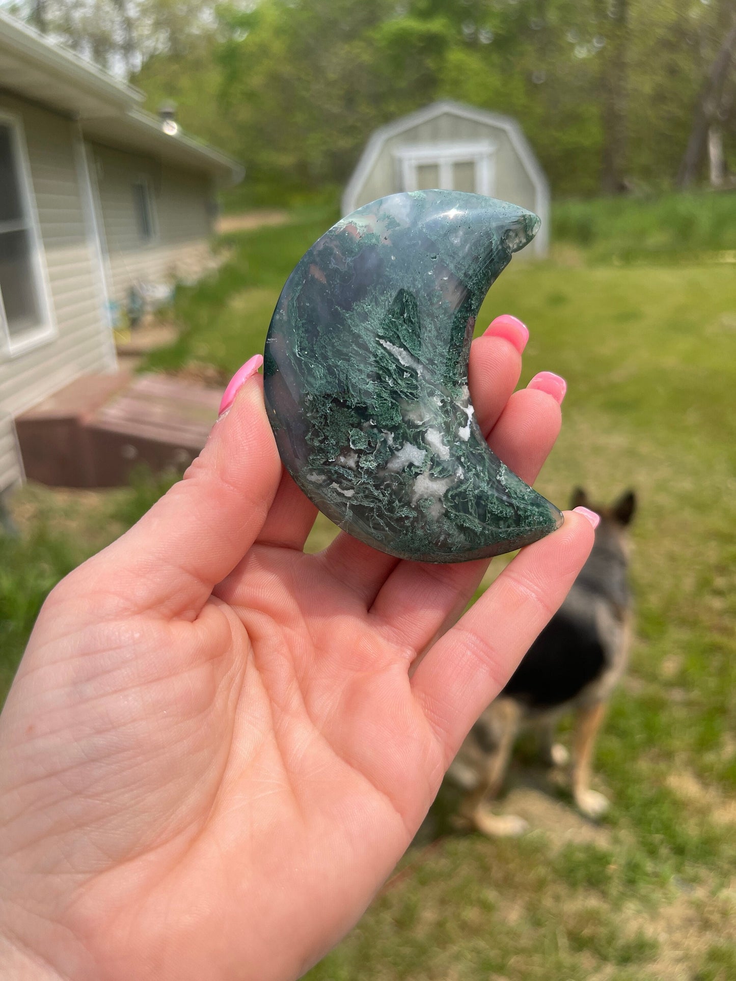 Moss Agate Moon Carving: Crystal Meditation Stone