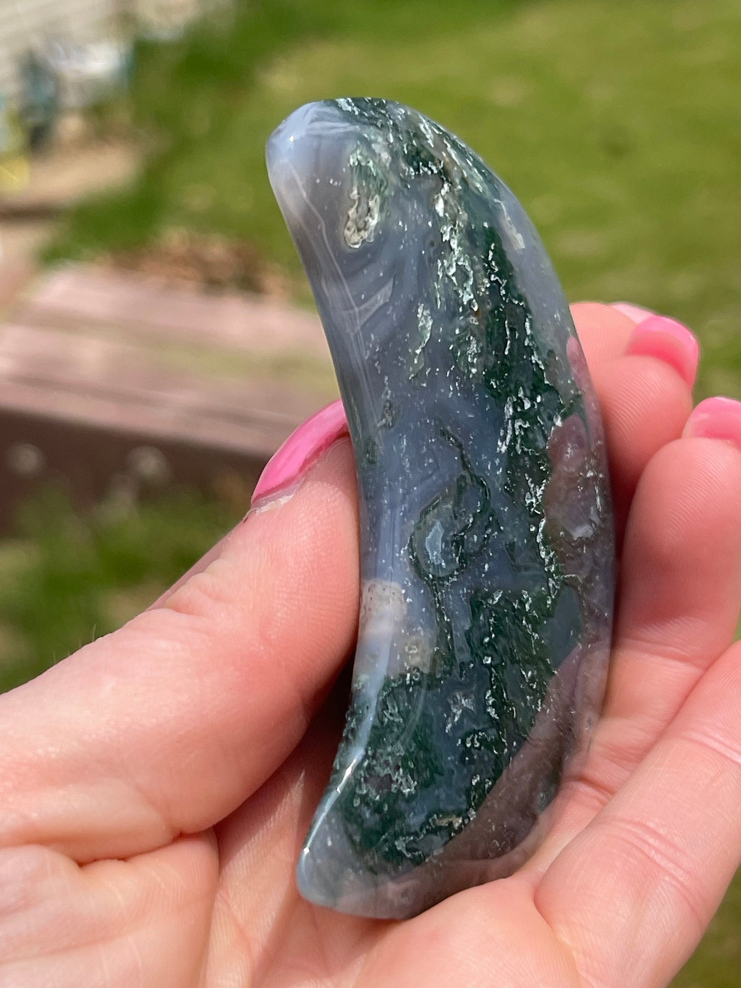 Moss Agate Moon Crystal Carving: Meditation Stone Gift