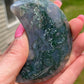 Moss Agate Moon Crystal Carving: Meditation Stone Gift