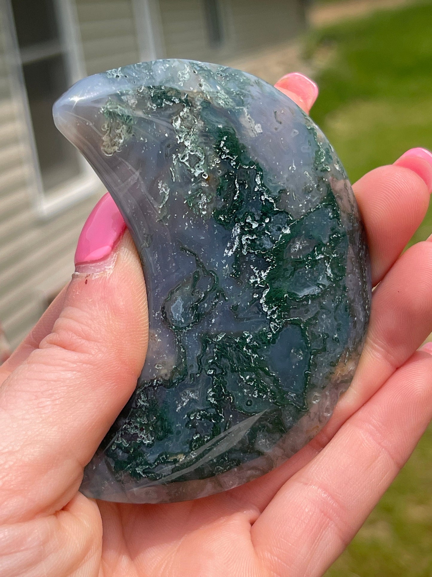 Moss Agate Moon Crystal Carving: Meditation Stone Gift