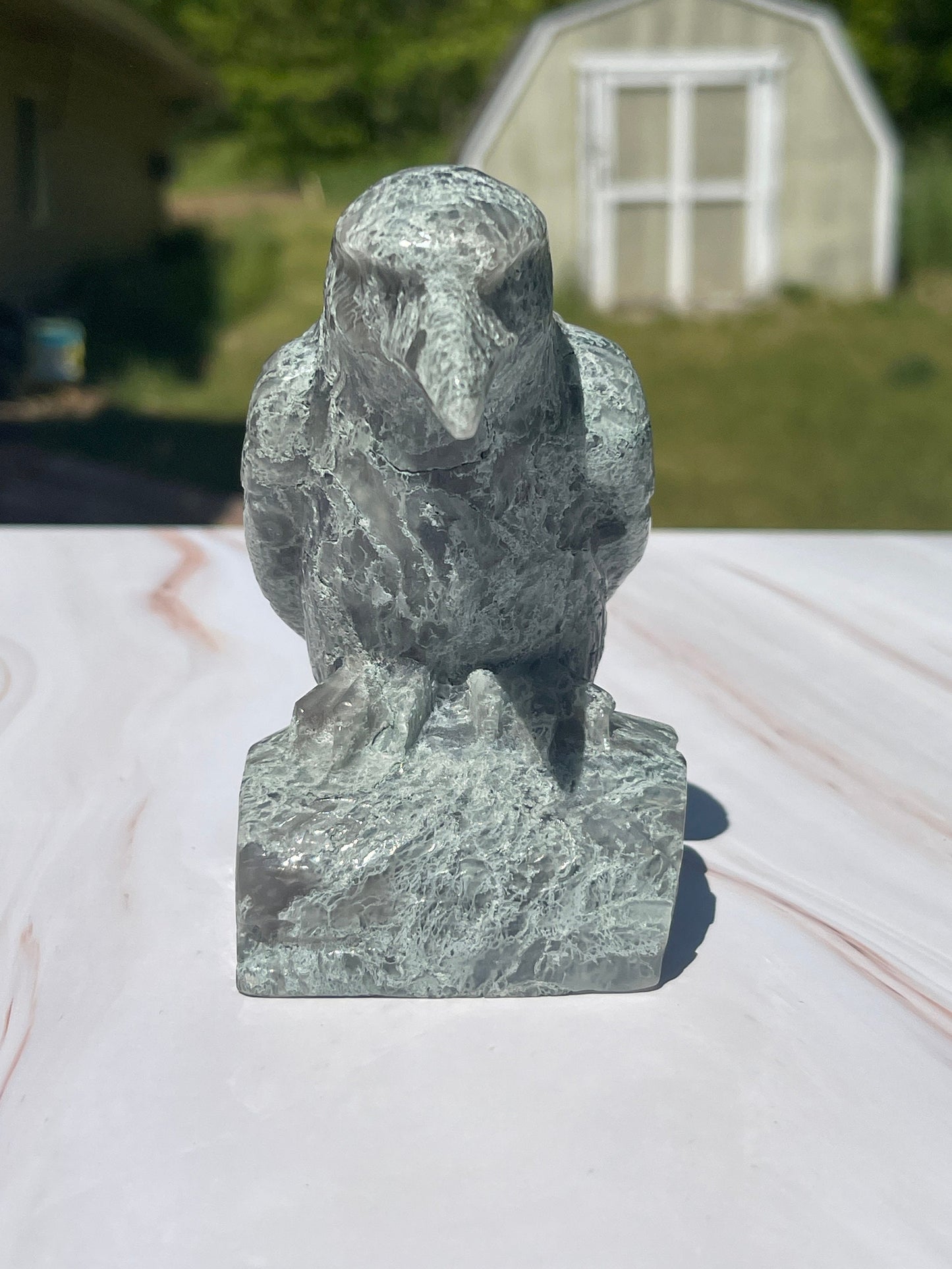 Moss Agate Crystal Raven Carving: Meditation Stone Gift