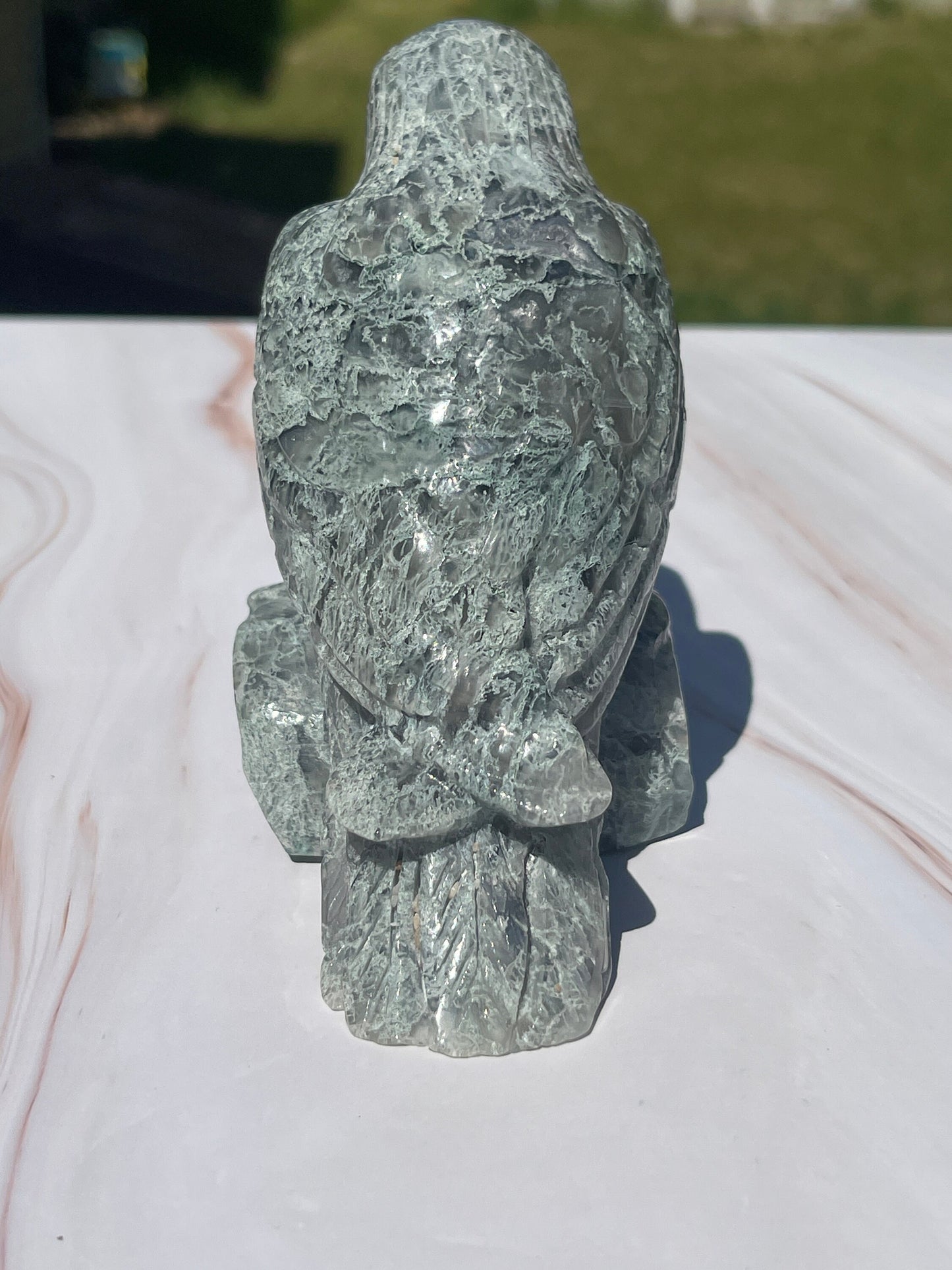 Moss Agate Crystal Raven Carving: Meditation Stone Gift