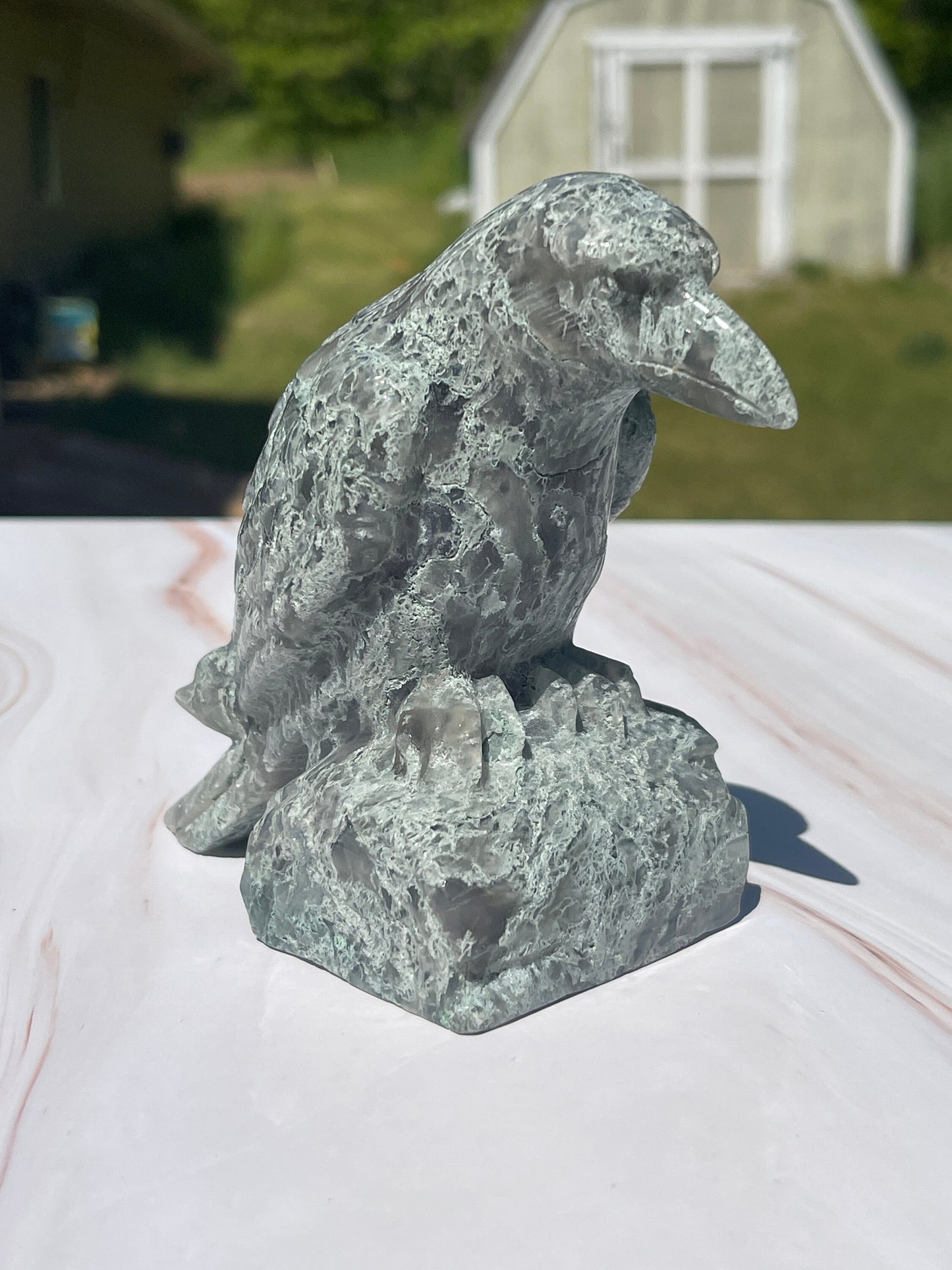 Moss Agate Crystal Raven Carving: Meditation Stone Gift