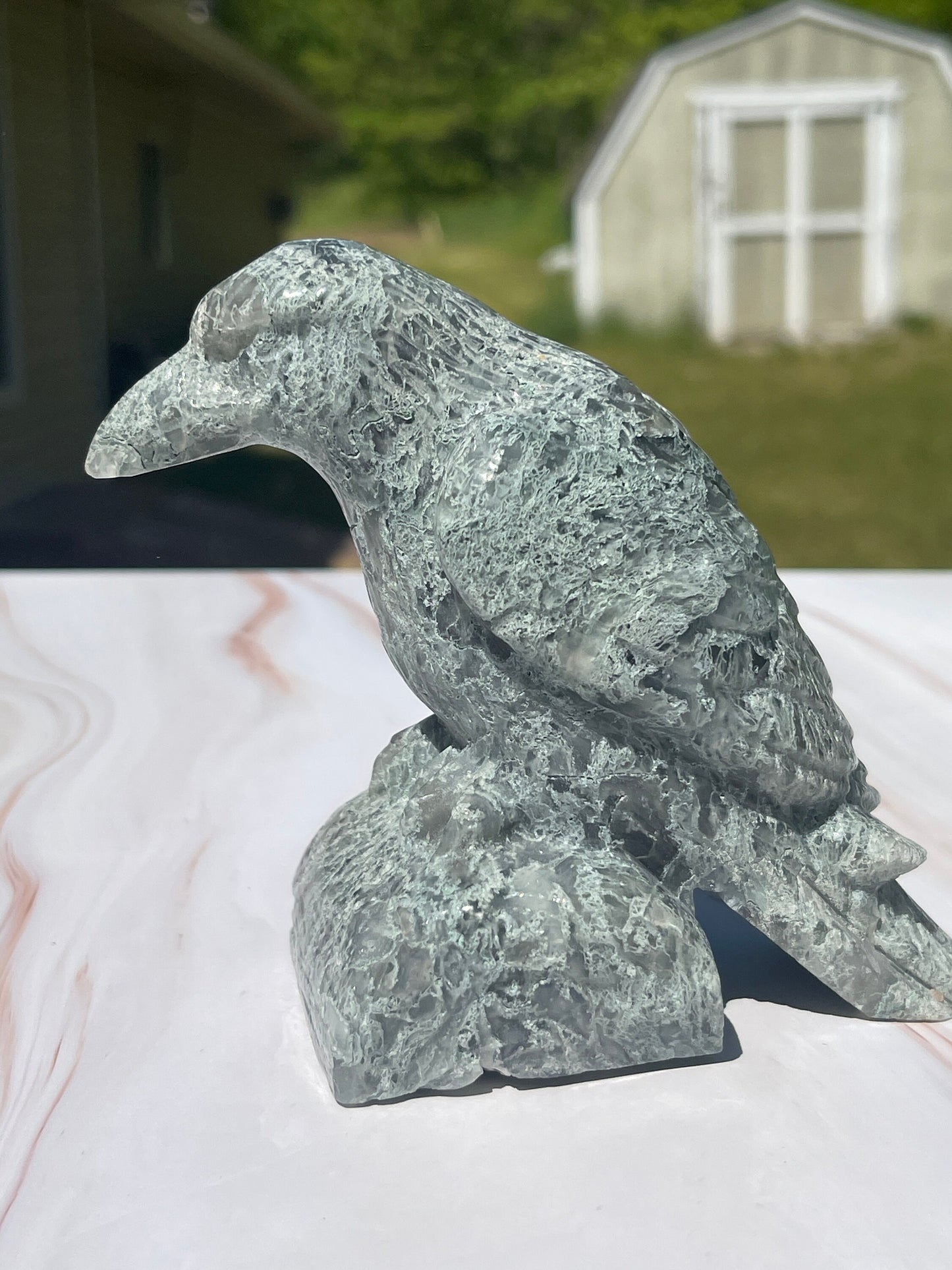 Moss Agate Crystal Raven Carving: Meditation Stone Gift