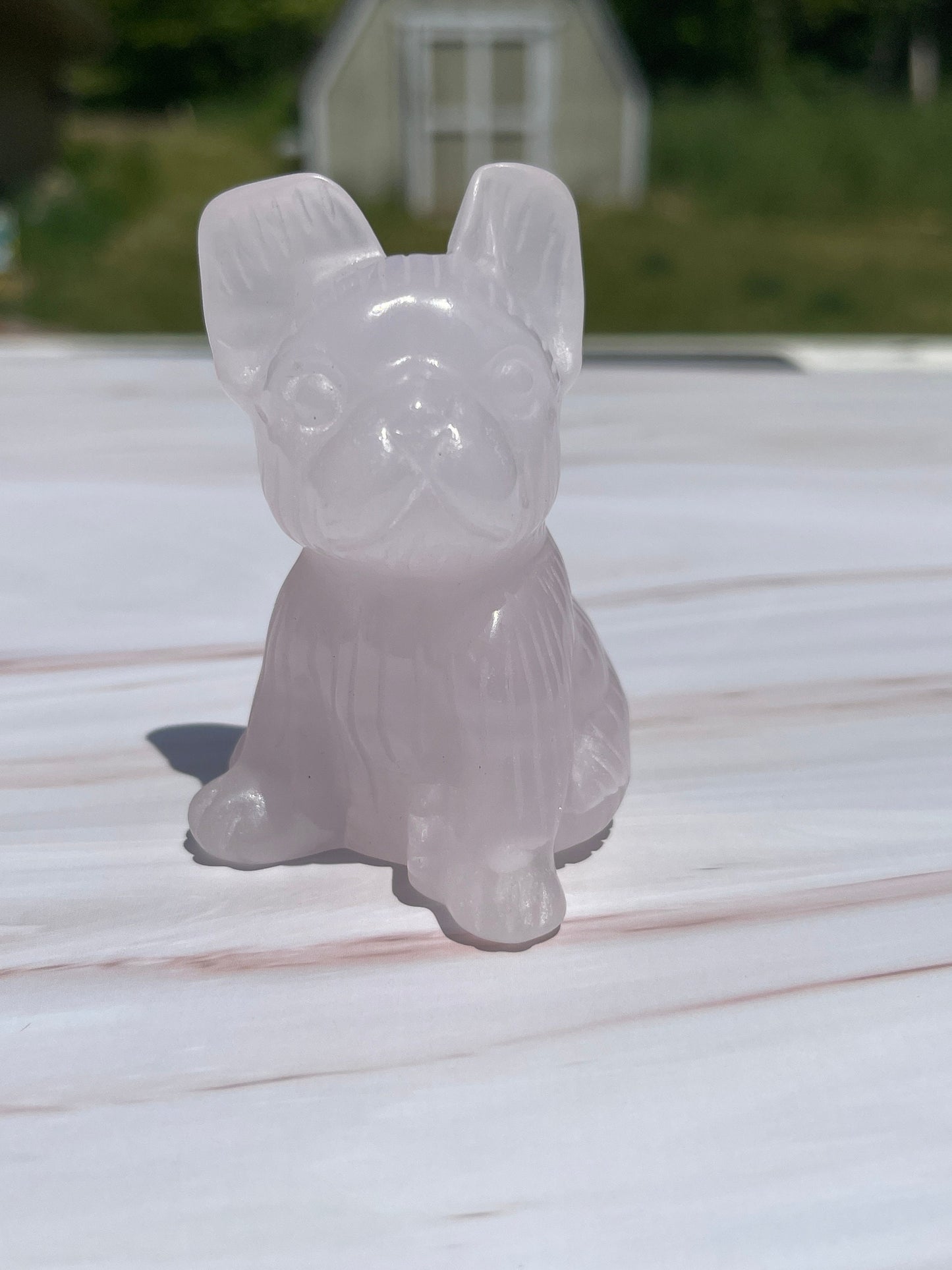 Pink Calcite French Bulldog Carving: UV Reactive Palm Stone