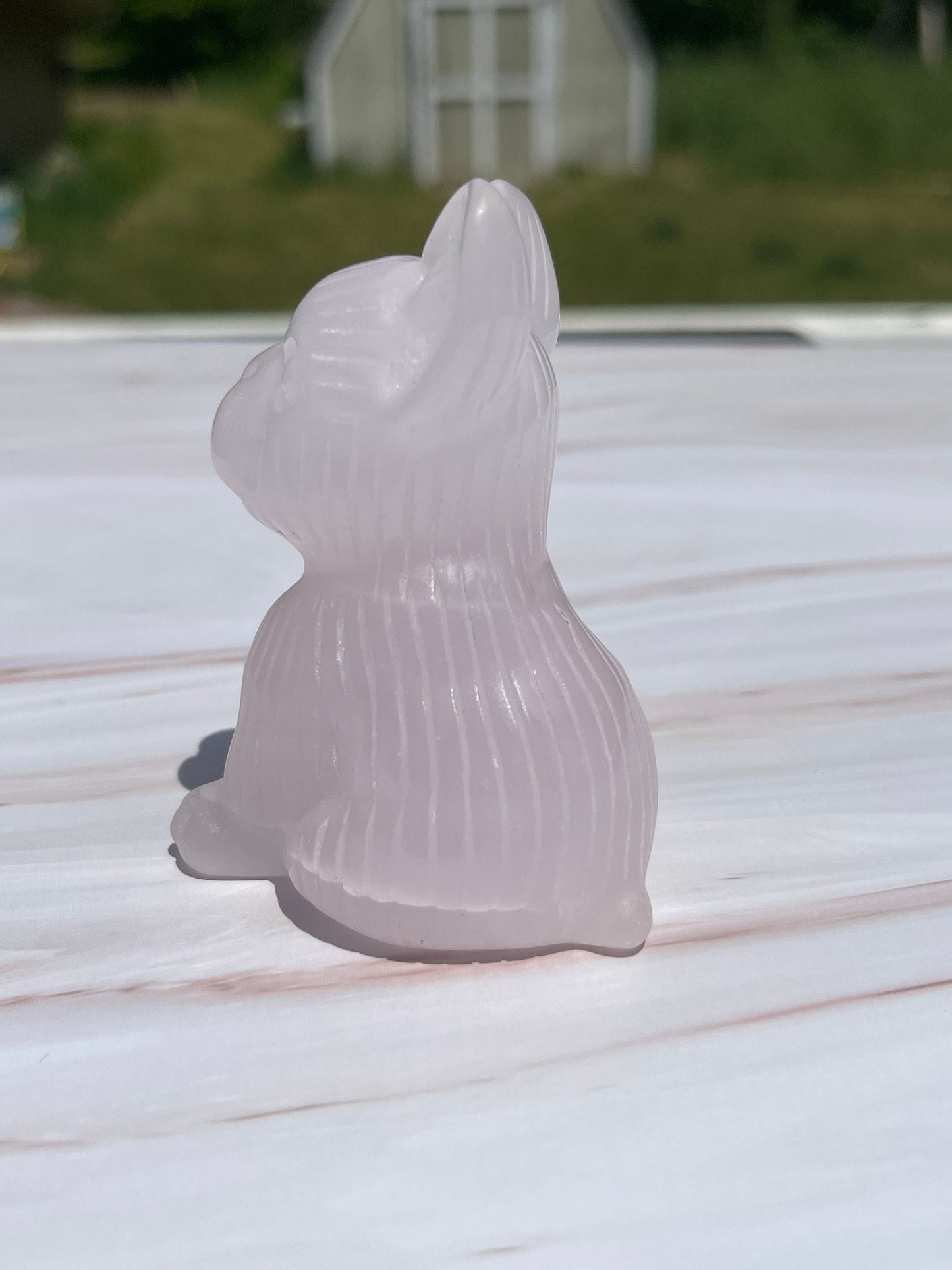 Pink Calcite French Bulldog Carving: UV Reactive Palm Stone