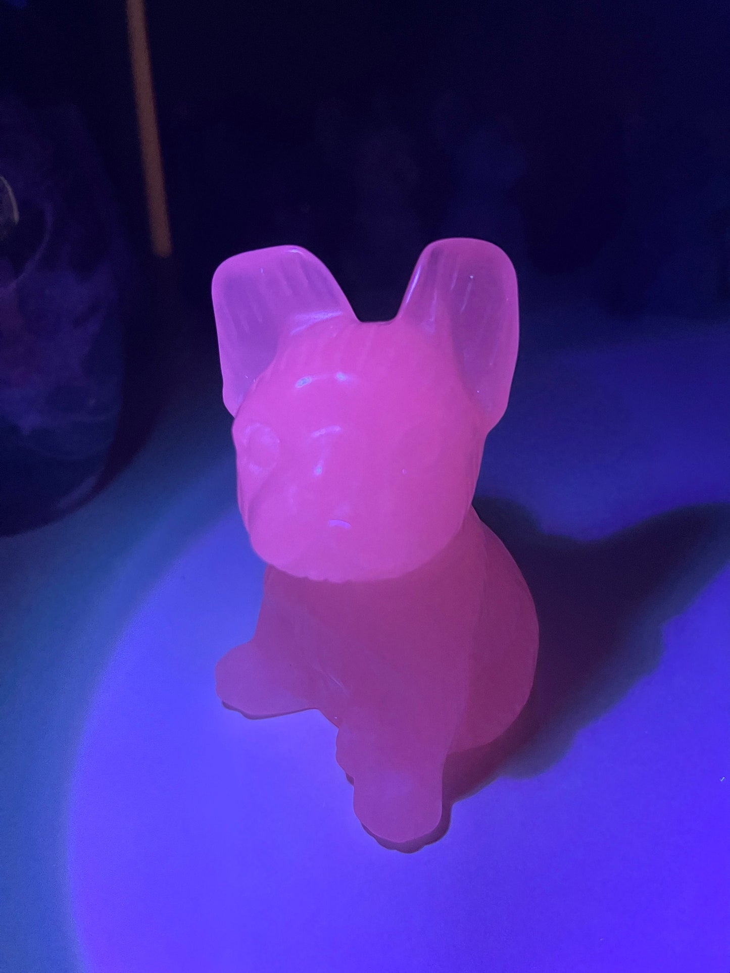 Pink Calcite French Bulldog Carving: UV Reactive Palm Stone