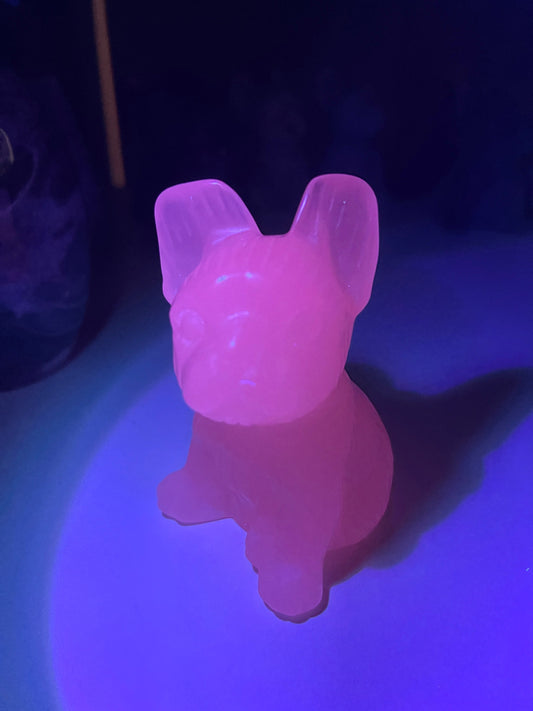 Pink Calcite French Bulldog Carving: UV Reactive Palm Stone