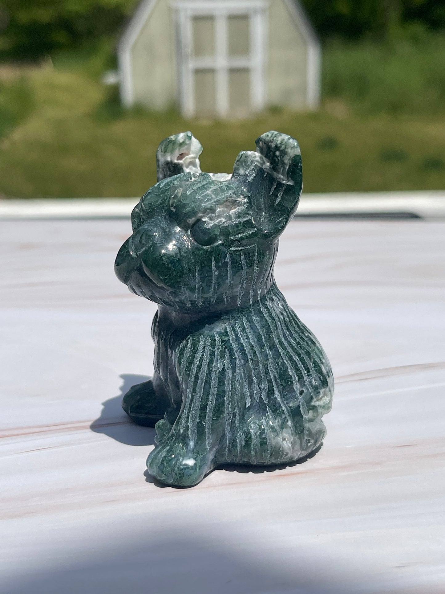 Moss Agate Bulldog Carving