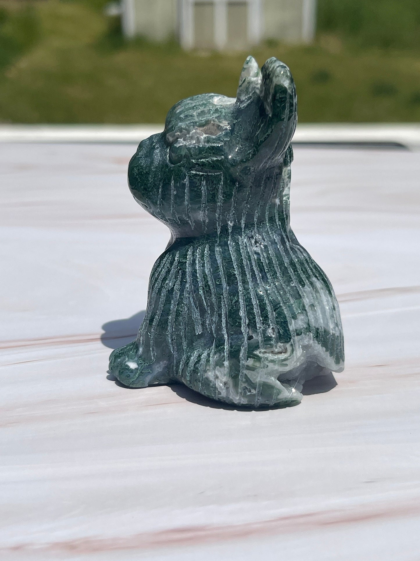 Moss Agate Bulldog Carving