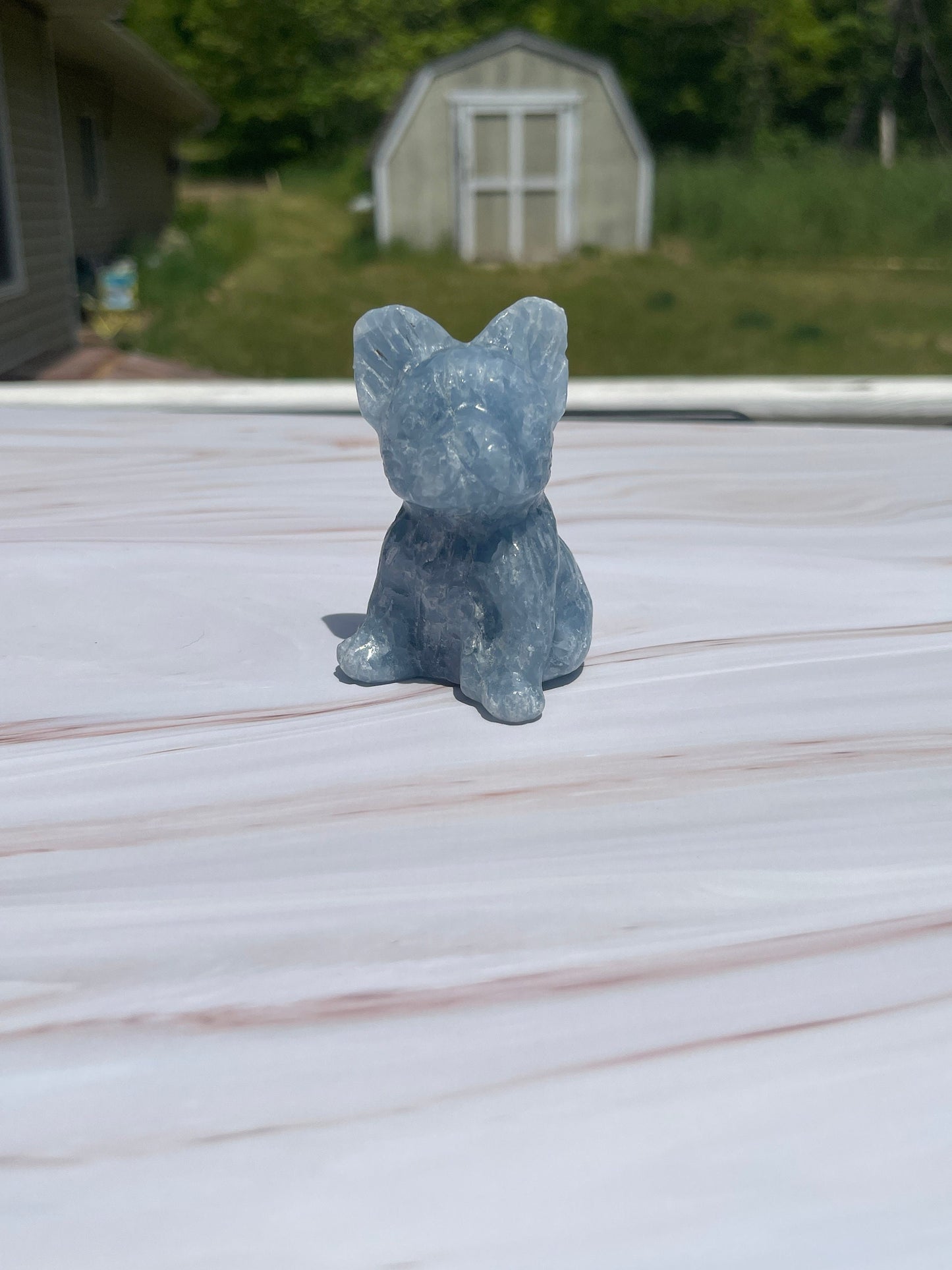 Blue Calcite French Bulldog Carving: Crystal Animal Figurine