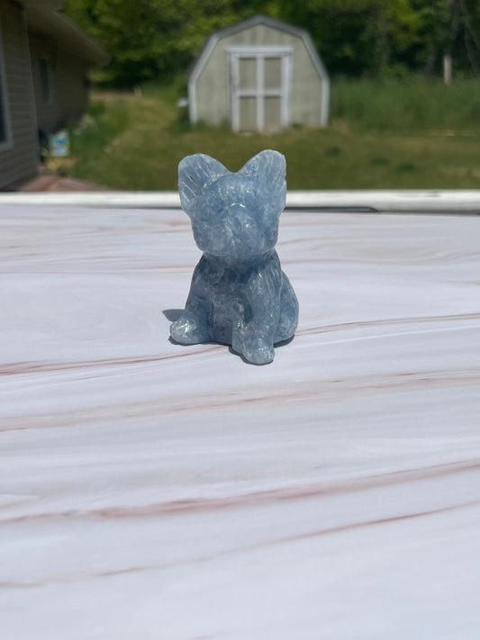 Blue Calcite French Bulldog Carving: Crystal Animal Figurine
