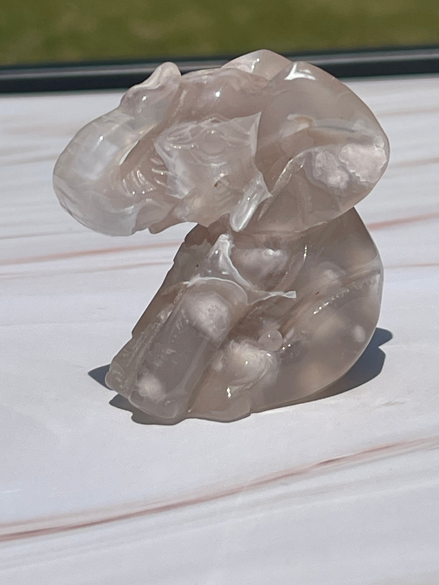Flower Agate Crystal Elephant: Meditation Stone Carving